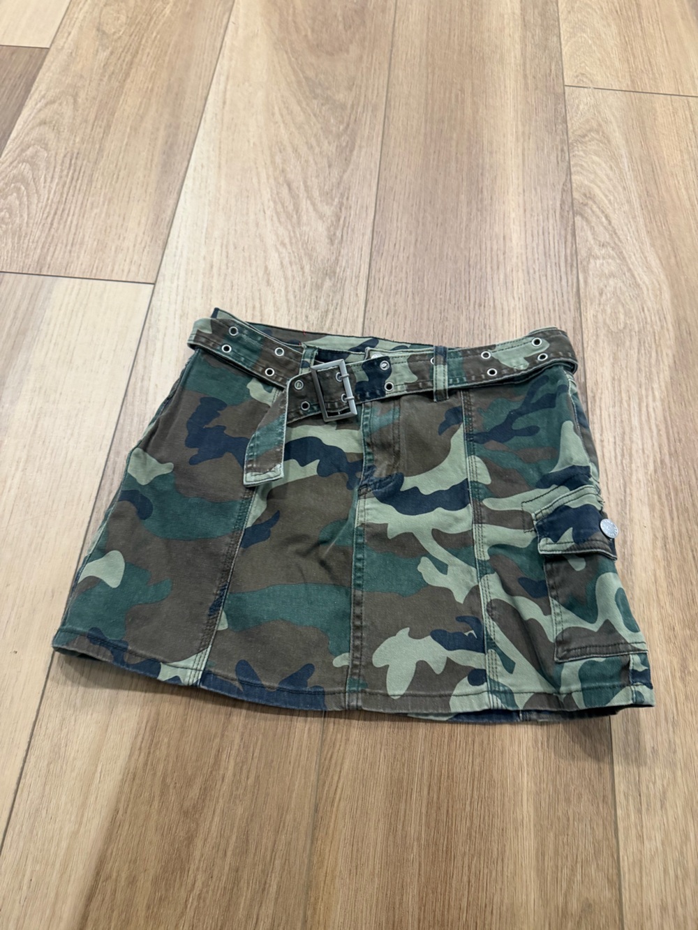 Hot Kiss Camo Cargo Mini Skirt with Belt - Green Camouflage